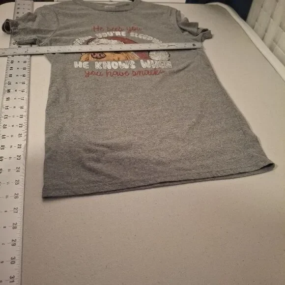 Christmas Dog Shirt He Knows When You Have Snacks Small Grey Santa Hat Festive - Picture 5 of 7